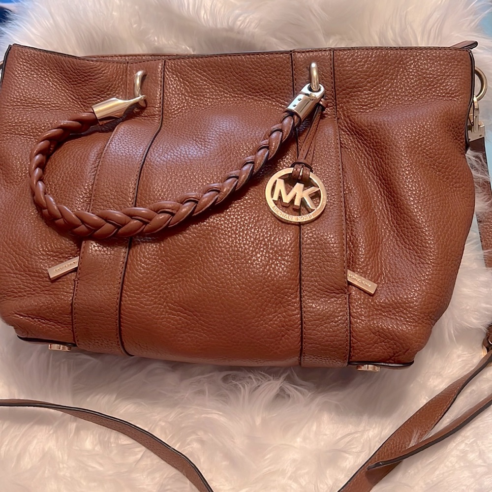 Michael Kors Brown Leather Naomi Braided Handle Satchel